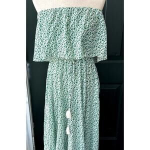 NWT Green & White Floral Boho Strapless Maxi Dress Sz S w/ Tie Waist Cottagecore